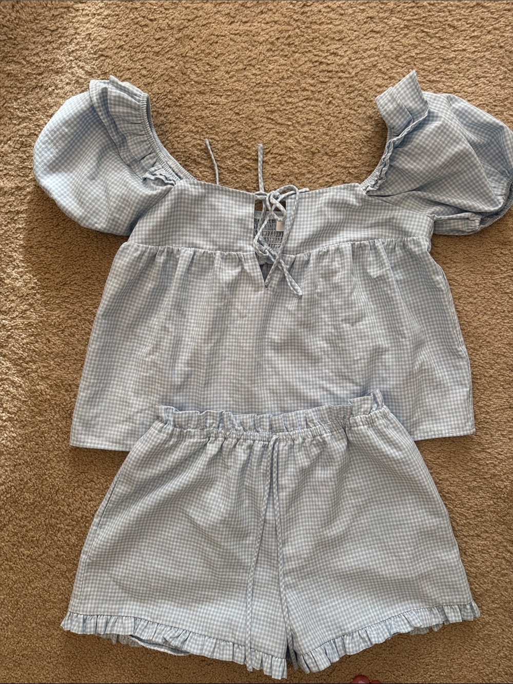 Size small Boutique LeLis Light Blue Gingham Puff Sleeve Top and Shorts Set